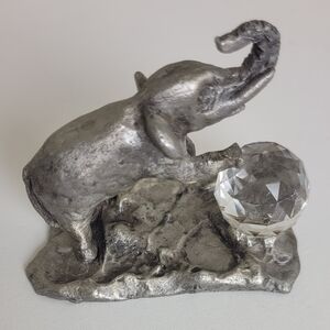 Vintage Cast Pewter Trunk Up Elephant With Glass Ball G Daltec